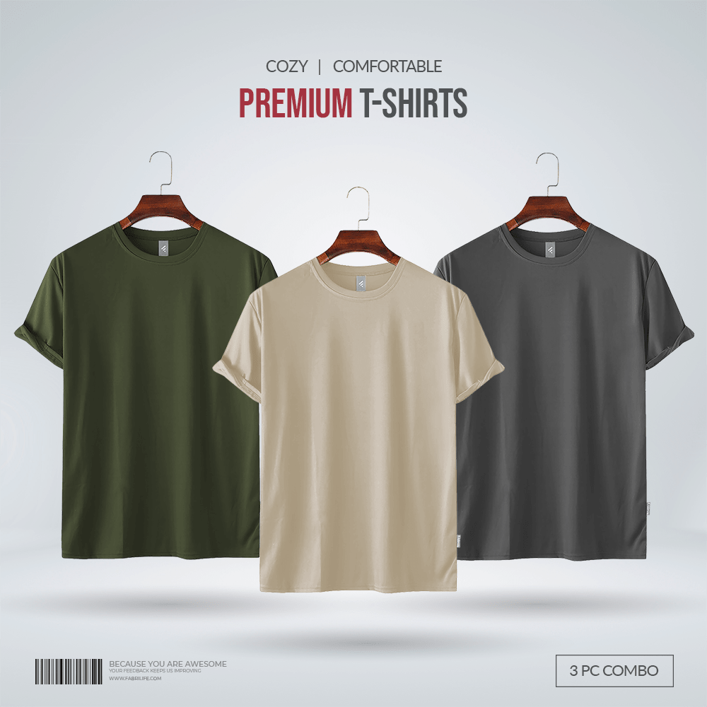 Fabrilife Men's Premium 100% Cotton Blank T-Shirt - Olive, Biscuit, Charcoal